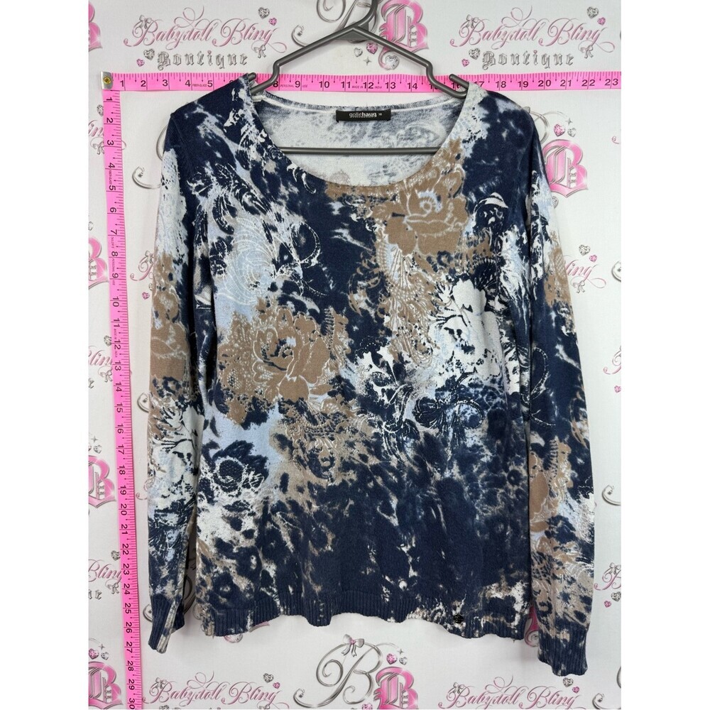 Long sleeve Floral Tie-Dye Knit Pullover Sweatshirt - Navy, Taupe & White